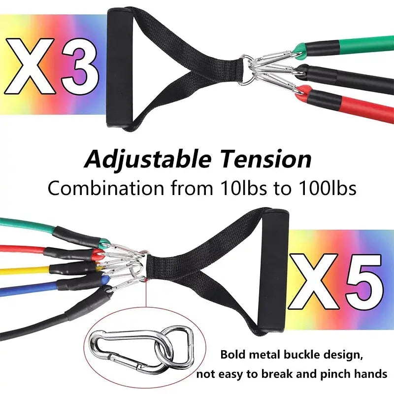 11 Pcs Set High Quality Portable Resistance Bands With Handles, Resistance Tubes & Workout Bands Elastic Pull Rope