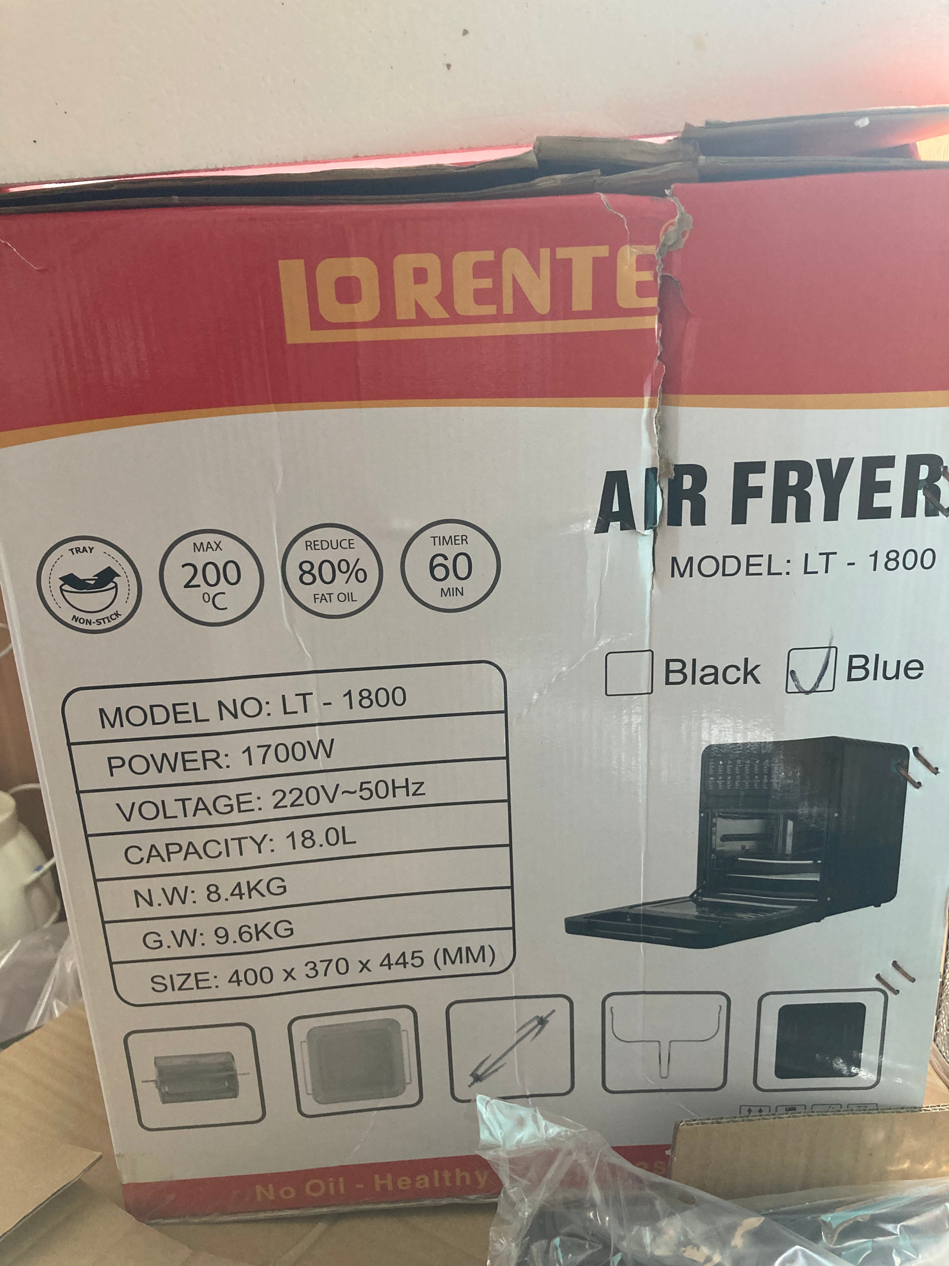 Lot Imported LORENTE 2-in-1 Oil-Free Air Fryer & Oven 18L