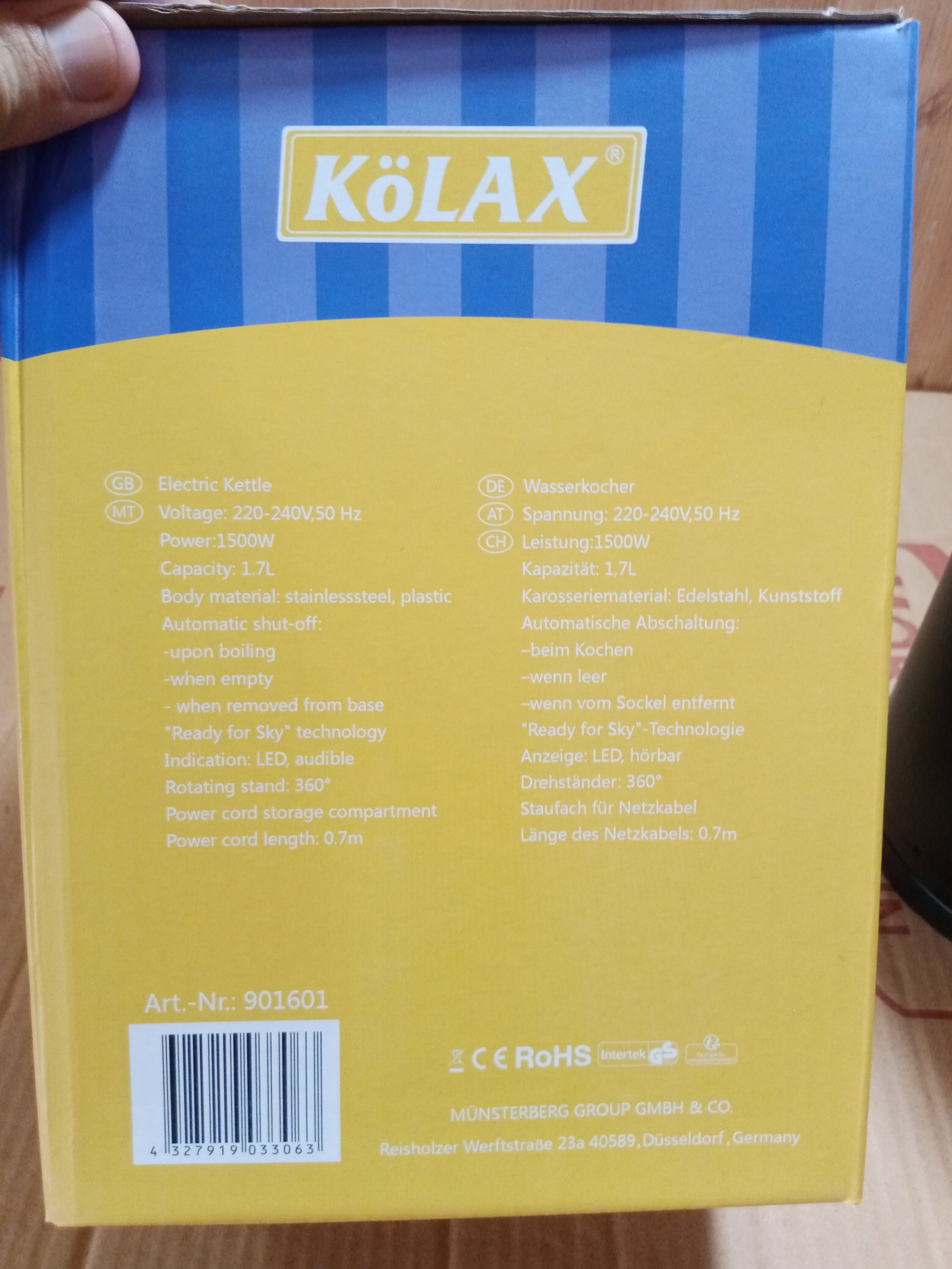 Germany Lot Imported KoLAX  Cool in Touch Electric Kettle 1.7Ltr