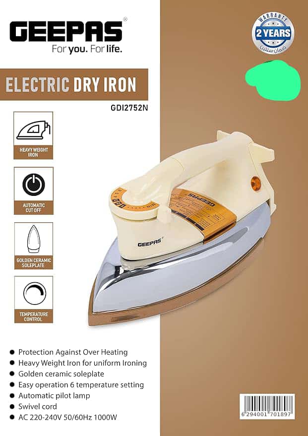 Geepas 1000W Heavy Dry Iron 2 Years Warranty